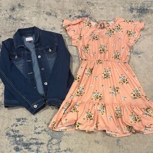 Peach Floral Tiered Dress with Flutter Sleeves & Jean Jacket